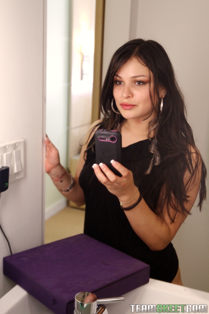 Amateur brunette teen slowly stripteasing o - XXX Dessert - Picture 1
