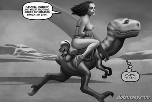Chesty knockout rides a dinosaur. World - BDSM Art Collection - Pic 2