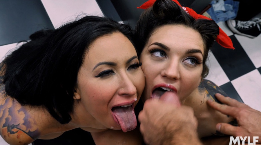 Brunettes share cock at tattoo shop - XXX Dessert - Picture 8