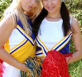 Lesbian girls. Two cute teenie cheerleaders toying their pussy outdoor.