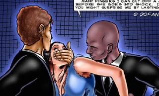 Slave art. Two guys in black suits humiliate tied girl!