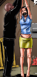 Slave art. Two guys in black suits humiliate tied girl!