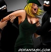 Sado cartoons. Two men in black uniform captured blone cuty!