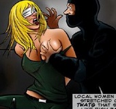 Sado cartoons. Two men in black uniform captured blone cuty!