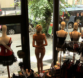 Super cute blonde slave beauty helplessly endures pain and pleasure outdoors.