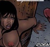 Slave girl comics. Brunette tied to a pole by a dick and twirl in front