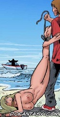 Bondage toons. Naked blonde tied to the boat, rolling on the water!