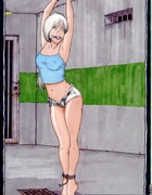 Bondage comics. Hot blonde with a transparent jacket exciting tied and