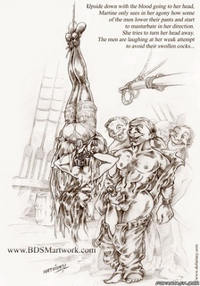 Slave cartoons. Upside down Martine only sees how some ot the men lower their pants and start to masturbate in her direction!