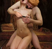 Bondage art. The three blonde sisters were bought by the same depraved