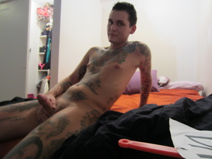 Hprny tattoed gay stud playing with his  - XXX Dessert - Picture 5