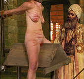 Torture drawings. Old men tortures his western slave on the wooden horse!