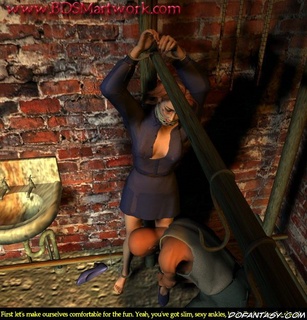 Bondage art. Bald guy pulled up dress of his slave girl!