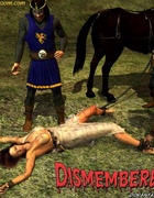 Bondage toons. King's slave chained to two horses!