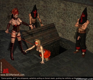 Bdsm art. Blonde slave on a leash doesn't know what's going on!