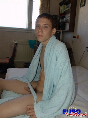 Let him show his gay cock he is proud of under bathroom gown! - XXXonXXX - Pic 11