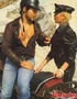 Hairy xxx. Retro biker babe gets cock inside her wet pussy outdoor.