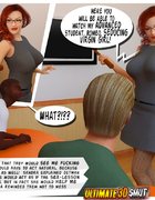 Redhead slutty teacher giving lesson and blowjob to two dicks in the classroom