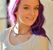 Purple hair shaved pussy close up