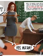 Redhead teacher with huge tits teaches younger students with big cocks