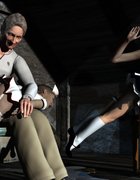 Two costumed sluts are spanked in the attic
