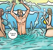 Chesty gals shed bikini tops in the water