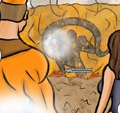 Heroine confronts a frightening beast