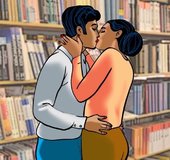 Young couple makes out in the library