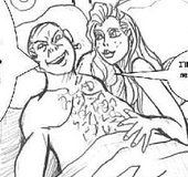 Wide-eyed woman cuddles up to a man in bed