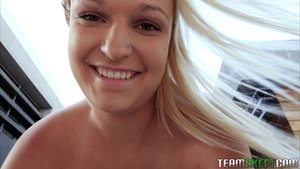 Flawless white girl smiles widely while hooking up