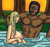 Blonde is cuddled by her black lover in the woods