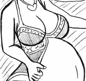 Mega slut’s pregnant belly is rather swollen