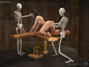 Kinky bondage fuck for a gal and two skeletons
