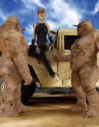 Pussy walloped in the desert by two monsters