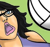 Dame gets hit in the tit with a volleyball