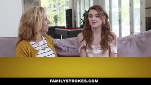 Naughty blonde Mom watches her daughter screwed and facialized
