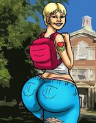 Blonde slut’s thong peeks out of tight pants