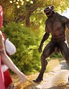 Riding Hood encounters wolf in the forest