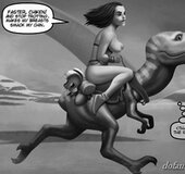 Chesty knockout rides a dinosaur. World Fist By Ferres.