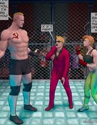Red-haired fighter battles muscled man. The Paradise Cruise Adventure