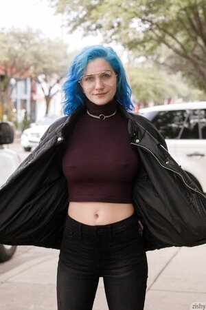 Tight blue-haired teen enjoys showing her perfect boobs