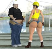 Lady construction worker naked on the job site