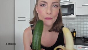 Horny blonde chick gets hot vegetable fuck in the kitchen