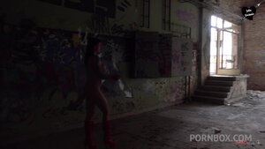 Big tits tattooed milf toys her pussy in the abandoned place