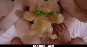 Girl plays with a teddy bear while getting pussy banged