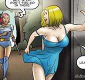 Big tits blonde runs away being hunted by redhead officer in uniform.