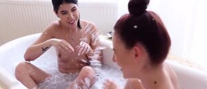 Euro vixens moved from the bathtub into a bedroom threesome
