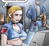 Redhead female slave deep throated by coach in the control room. Slavecop