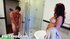 Redhead and brunette share the hunk in a bathroom 3some