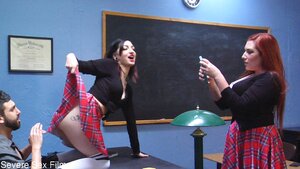 Two naughty girls play kinky sex games with their teacher